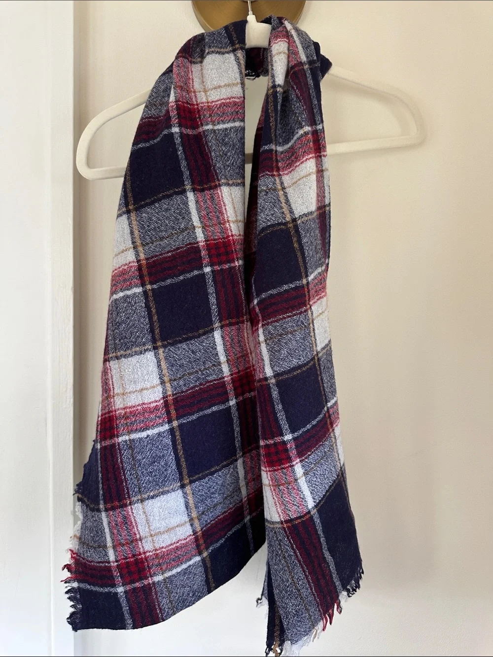 Madewell Plaid wool  Fringe Scarf in Navy, Red, Cream